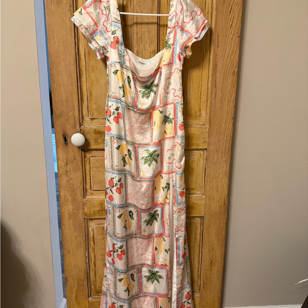 White Floral & Fruit Print Maxi Dress with Side Slit - Picture 2 of 3
